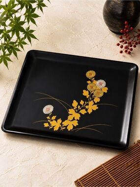 Vintage Japanese Black Lacquer Tray Gold Silver Floral 16x12 SS Japan